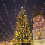 Christmas tree with lights outdoors at night in Kiev