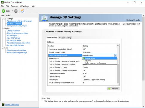nvidia 3d settings power management